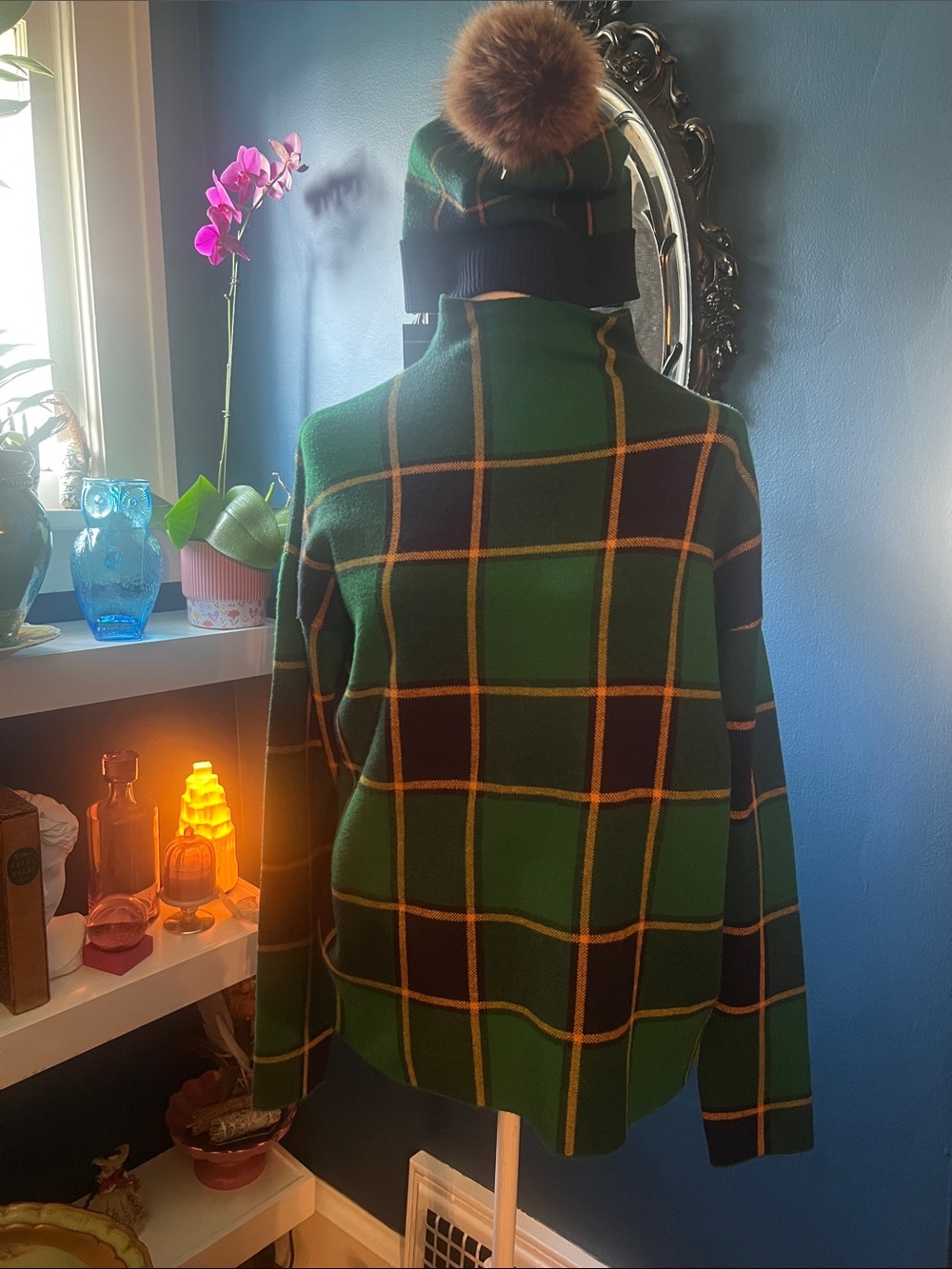 Rachel Zoe Green and Yellow Plaid Knit Sweater with Matching Beanie